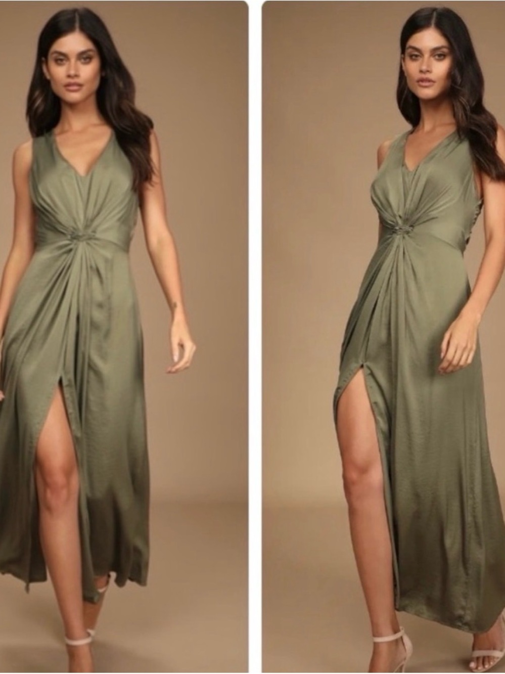 Lulus Olive Green Knot Front Maxi Dress Size XL Sleeveless V Neck Event NWT READ
